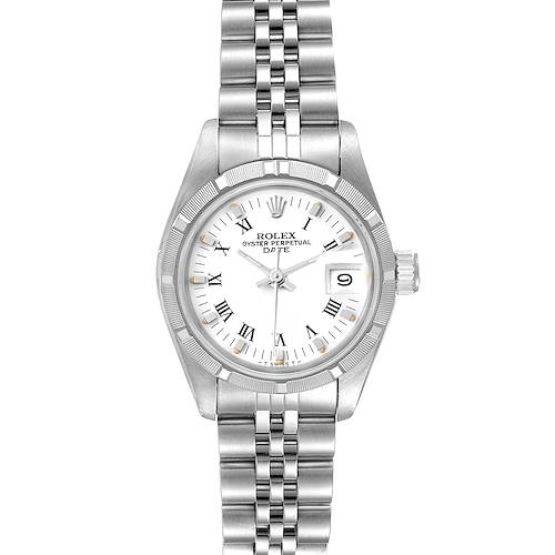 The image shows a Rolex Date 69160 Women's Stainless Steel White Dial 69160 Women's Stainless Steel White Dial model watch with a stainless steel bracelet and a white dial featuring Roman numeral hour markers.