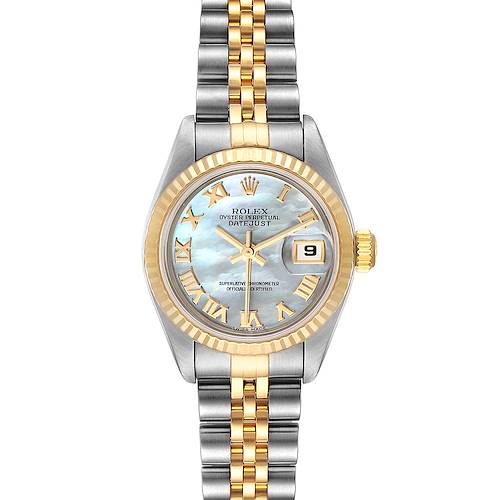 This image shows a front view of a Rolex Datejust 79173 Women's Steel and Gold (two tone) Mother of Pearl Dial 79173 Women's Steel and Gold (two tone) Mother of Pearl Dial watch, including the dial, bracelet, and date window.