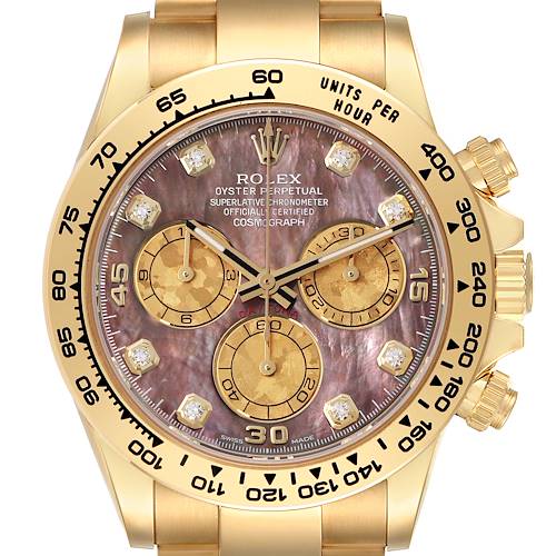 The Rolex Daytona 116508 Men's Yellow Gold Mother of Pearl Dial 116508 Men's Yellow Gold Mother of Pearl Dial watch is shown from a top-down angle, highlighting its bezel, dial, and gold bracelet.