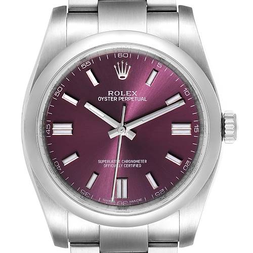 This image shows a front view of a Rolex Oyster Perpetual 116000 Men's Stainless Steel Burgundy Dial 116000 Men's Stainless Steel Burgundy Dial watch with a purple dial and silver casing.
