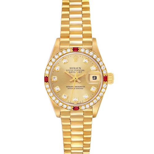 The Rolex President 69068 Women's Yellow Gold Champagne Dial 69068 Women's Yellow Gold Champagne Dial watch is shown from a top-down angle, displaying the face, bezel, and bracelet.