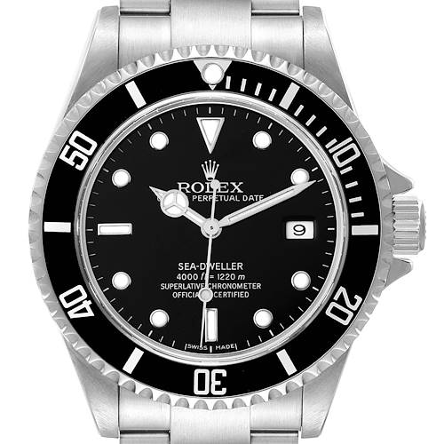 The image shows a front view of a Rolex Sea-Dweller 16600T Men's Stainless Steel Black Dial 16600T Men's Stainless Steel Black Dial watch, highlighting its dial, bezel, and stainless steel bracelet.