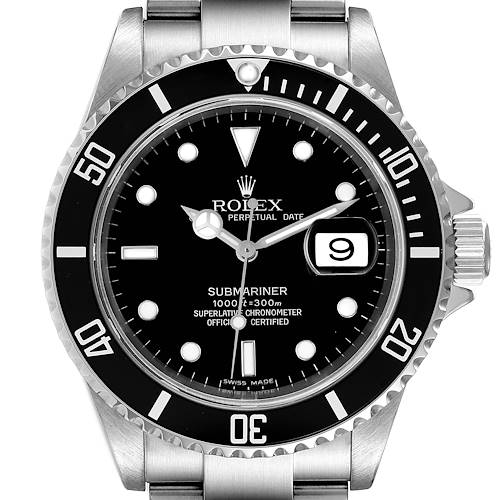 The image shows a frontal view of a Rolex Submariner 16610 Men's Stainless Steel Black Dial 16610 Men's Stainless Steel Black Dial watch, highlighting the dial, bezel, and bracelet.