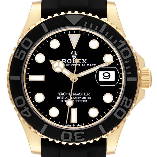 The Rolex Yacht-Master 226658 Men's Yellow Gold Black Dial 226658 Men's Yellow Gold Black Dial watch is shown from a front angle, displaying the dial, bezel, and crown.