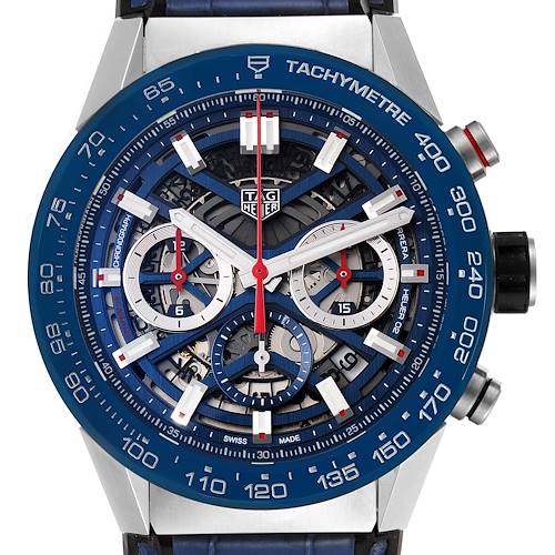 The image shows the face of a Tag Heuer Carrera CBG2A11.FC6460 Men's Stainless Steel Blue Dial CBG2A11.FC6460 Men's Stainless Steel Blue Dial watch, highlighting its chronograph dials and tachymeter scale.