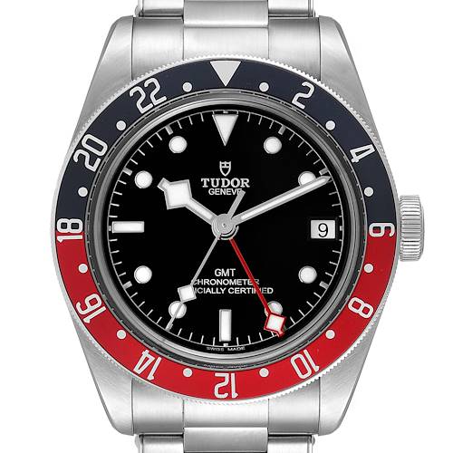 This image shows a frontal view of the Tudor Heritage Black Bay 79830RB Men's Stainless Steel Black Dial 79830RB Men's Stainless Steel Black Dial GMT watch, featuring the dial, bezel, and crown.