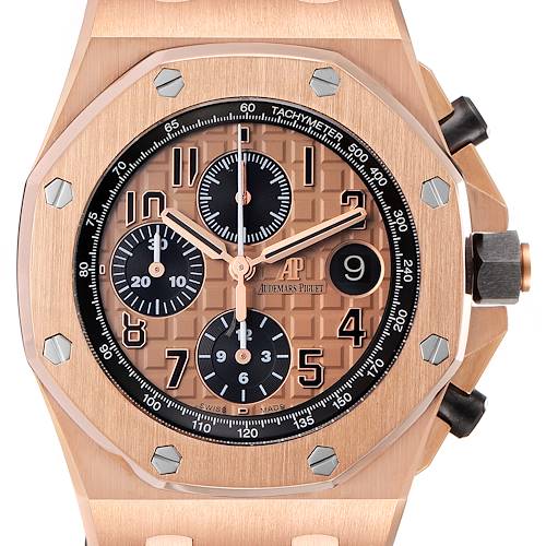 This image shows a close-up of the dial and bezel of the Audemars Piguet Royal Oak Offshore 26470OR.OO.A002CR.01 Men's Rose Gold Pink Dial 26470OR.OO.A002CR.01 Men's Rose Gold Pink Dial watch, highlighting its chronograph and tachymeter functions.