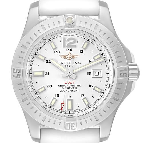 This image shows a front view of the Breitling Colt A1738811/G791 Men's Stainless Steel Silver Dial A1738811/G791 Men's Stainless Steel Silver Dial watch, highlighting its dial, bezel, and hands.