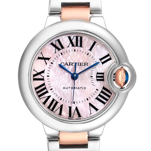 The image shows a front view of the Cartier Ballon Bleu W6920098 Women's Steel and Gold (two tone) Mother of Pearl Dial W6920098 Women's Steel and Gold (two tone) Mother of Pearl Dial model, highlighting its dial, hands, and part of the band.
