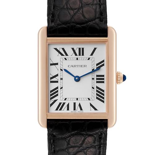 The image shows a frontal view of a Tank Solo watch by Cartier, featuring its rectangular face, Roman numerals, and black leather strap.