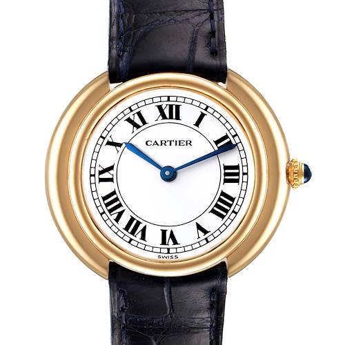 The image shows a front view of a Cartier Vendome Women's Yellow Gold Silver Dial Women's Yellow Gold Silver Dial watch, highlighting its round gold case, Roman numeral dial, and blue hands.