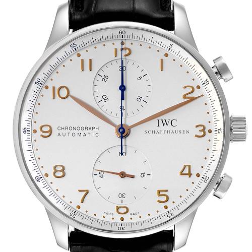 The image shows a front view of an IWC Portuguese IW371401 Men's Stainless Steel Silver Dial IW371401 Men's Stainless Steel Silver Dial chronograph watch with its dial, hands, and crown visible.