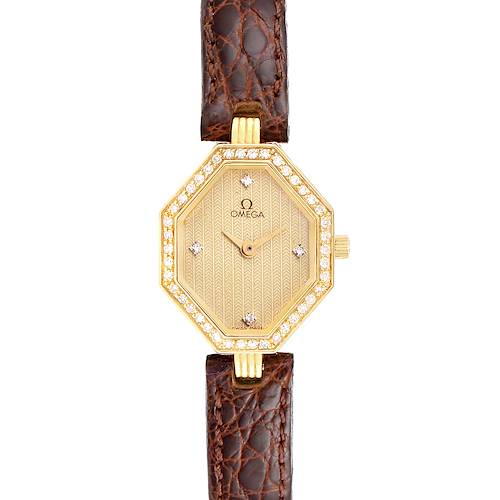 The image shows a frontal view of the Omega 1450 Women's Yellow Gold Champagne Dial 1450 Women's Yellow Gold Champagne Dial DeVille Mini Yellow Gold Diamond Cocktail Ladies Watch 1450 with a brown leather strap.