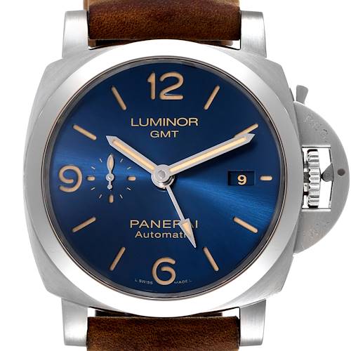 The image shows a front view of the Panerai Luminor PAM01033 Men's Stainless Steel Blue Dial PAM01033 Men's Stainless Steel Blue Dial GMT watch, highlighting the dial, hands, date window, and crown protector.