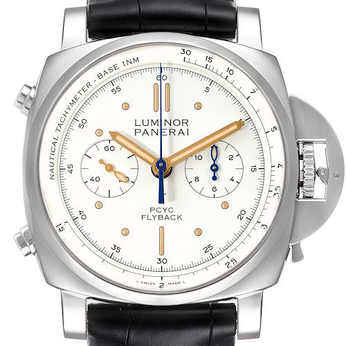 The image shows a front view of a Panerai Luminor PAM00654 Men's Stainless Steel Beige Dial PAM00654 Men's Stainless Steel Beige Dial model watch, detailing the watch face, dials, hands, and crown guard.