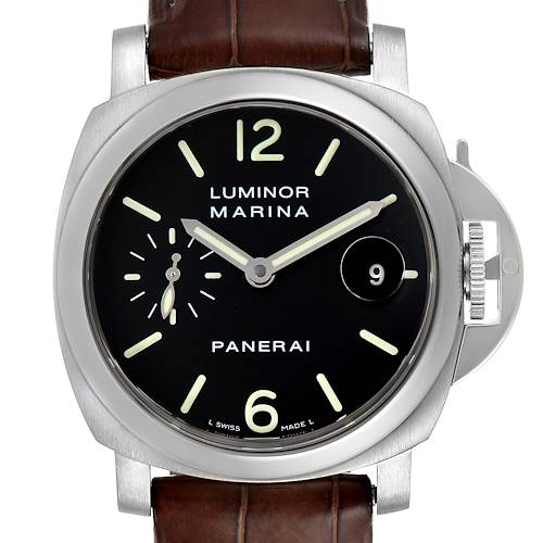 The image shows a front view of a Panerai Luminor PAM00048 Men's Stainless Steel Black Dial PAM00048 Men's Stainless Steel Black Dial watch, highlighting its dial, hands, crown, and brown leather strap.
