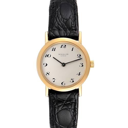 The image shows a Patek Philippe Calatrava 4184J Women's Yellow Gold Silver Dial 4184J Women's Yellow Gold Silver Dial watch from a front angle, highlighting its face, gold case, and black leather strap.