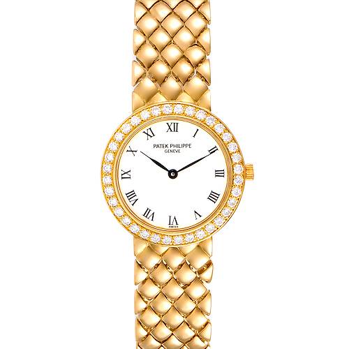 The image shows a frontal view of a Patek Philippe Calatrava 4820 Women's Yellow Gold White Dial 4820 Women's Yellow Gold White Dial watch, showcasing its dial, bezel, and bracelet.