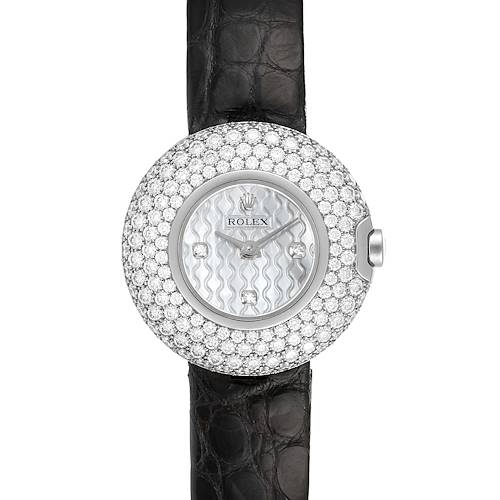 The image shows a front view of a Rolex Cellini 6201 Women's White Gold Mother of Pearl Dial 6201 Women's White Gold Mother of Pearl Dial watch, featuring a diamond-studded bezel and a black leather strap.
