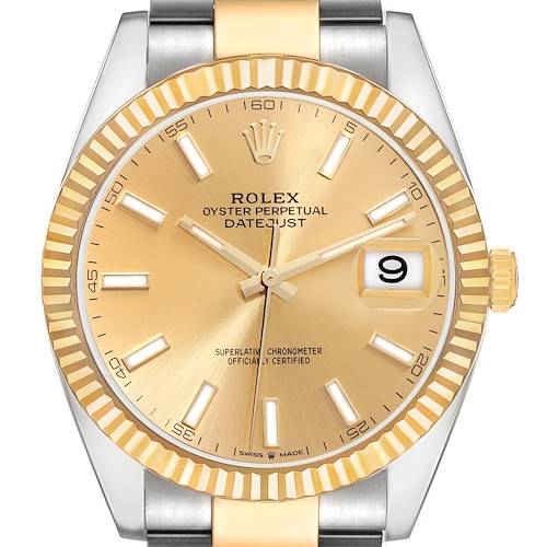 This image shows a front view of the Rolex Datejust 41 126333 Men's Steel and Gold (two tone) Champagne Dial 126333 Men's Steel and Gold (two tone) Champagne Dial watch, highlighting its dial, bezel, crown, and part of the bracelet.