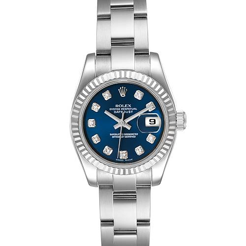 The image shows a front view of a Rolex Datejust 179174 Women's Stainless Steel Blue Dial 179174 Women's Stainless Steel Blue Dial watch, highlighting the dial, hands, date window, and part of the bracelet.