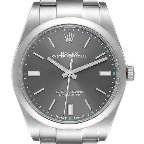 The image shows a front view of a Rolex Oyster Perpetual 114300 Men's Stainless Steel Grey Dial 114300 Men's Stainless Steel Grey Dial watch, highlighting its dial, hands, crown, and part of the bracelet.