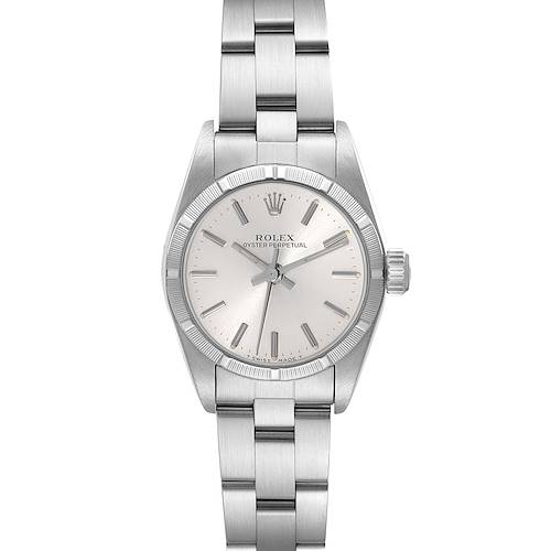 This is a Rolex Oyster Perpetual 67230 Women's Stainless Steel Silver Dial 67230 Women's Stainless Steel Silver Dial watch shown from the front, displaying the face, bezel, and part of the bracelet.