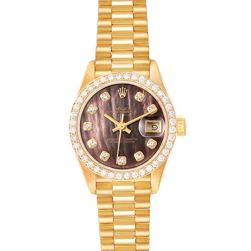 The image shows a front view of the Rolex President 69138 Women's Yellow Gold Mother of Pearl Dial 69138 Women's Yellow Gold Mother of Pearl Dial model watch, highlighting its gold band, diamond bezel, and date display.