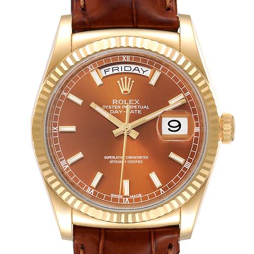 This image shows a front view of a Rolex President 118139 Men's Yellow Gold Brown Dial 118139 Men's Yellow Gold Brown Dial Day-Date watch with a brown dial, gold markers, and a brown leather strap.