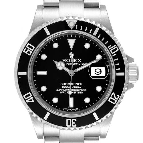 This image shows a front view of the Rolex Submariner 16610 Men's Stainless Steel Black Dial 16610 Men's Stainless Steel Black Dial watch, highlighting the bezel, dial, hands, and bracelet.