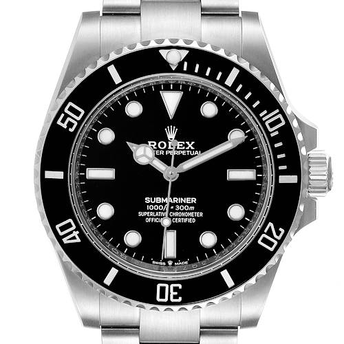 This image shows a frontal view of the Rolex Submariner 124060 Men's Stainless Steel Black Dial 124060 Men's Stainless Steel Black Dial watch, highlighting the dial, bezel, and bracelet.