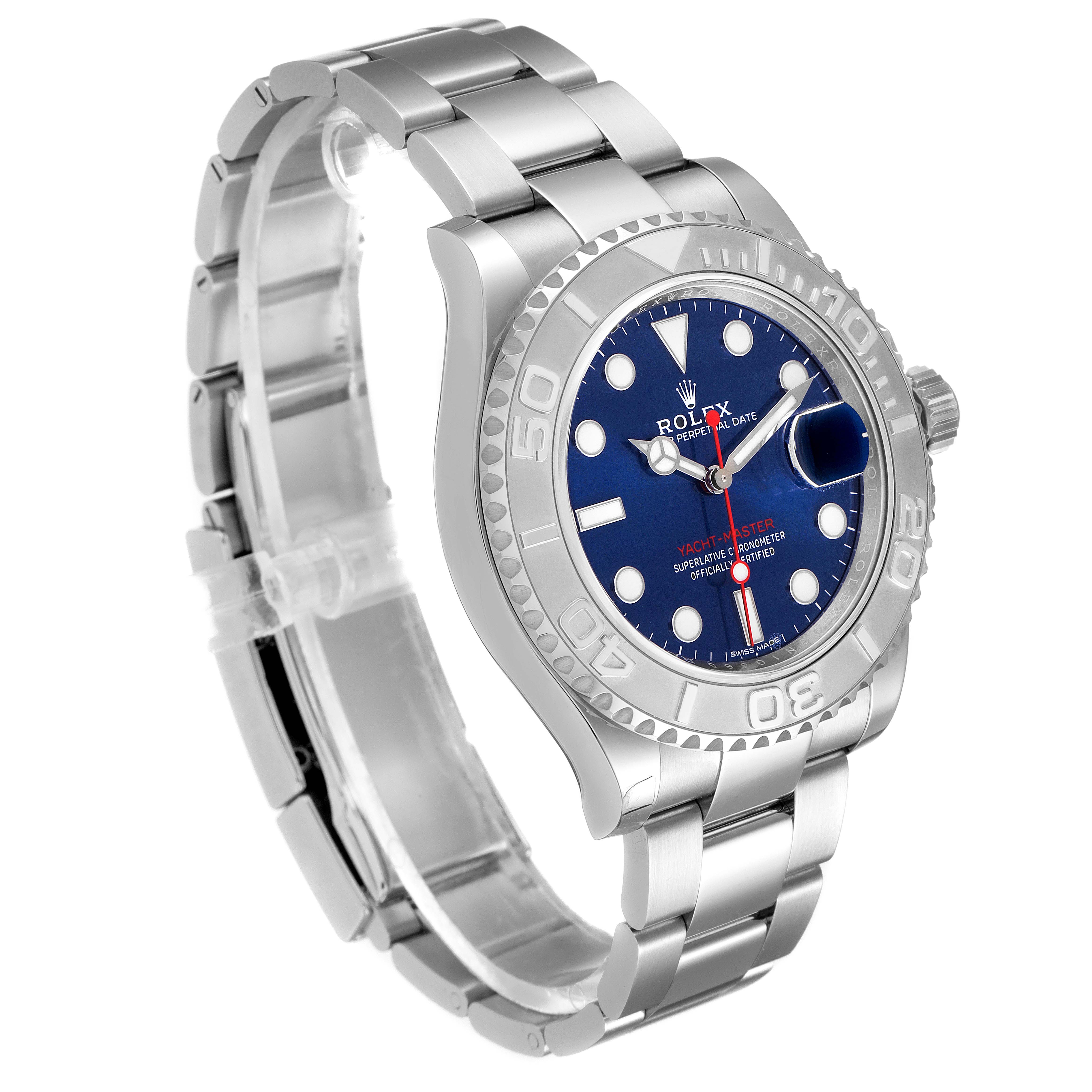 The image shows a Rolex Yacht-Master 116622 Men's Stainless Steel Blue Dial 116622 Men's Stainless Steel Blue Dial watch at a three-quarter angle, highlighting the dial, bezel, and part of the bracelet.