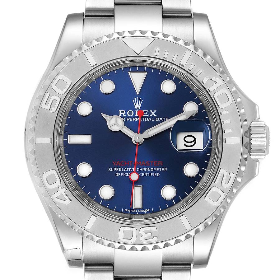The image shows a frontal view of the Rolex Yacht-Master 116622 Men's Stainless Steel Blue Dial 116622 Men's Stainless Steel Blue Dial watch, highlighting the dial, bezel, and part of the bracelet.