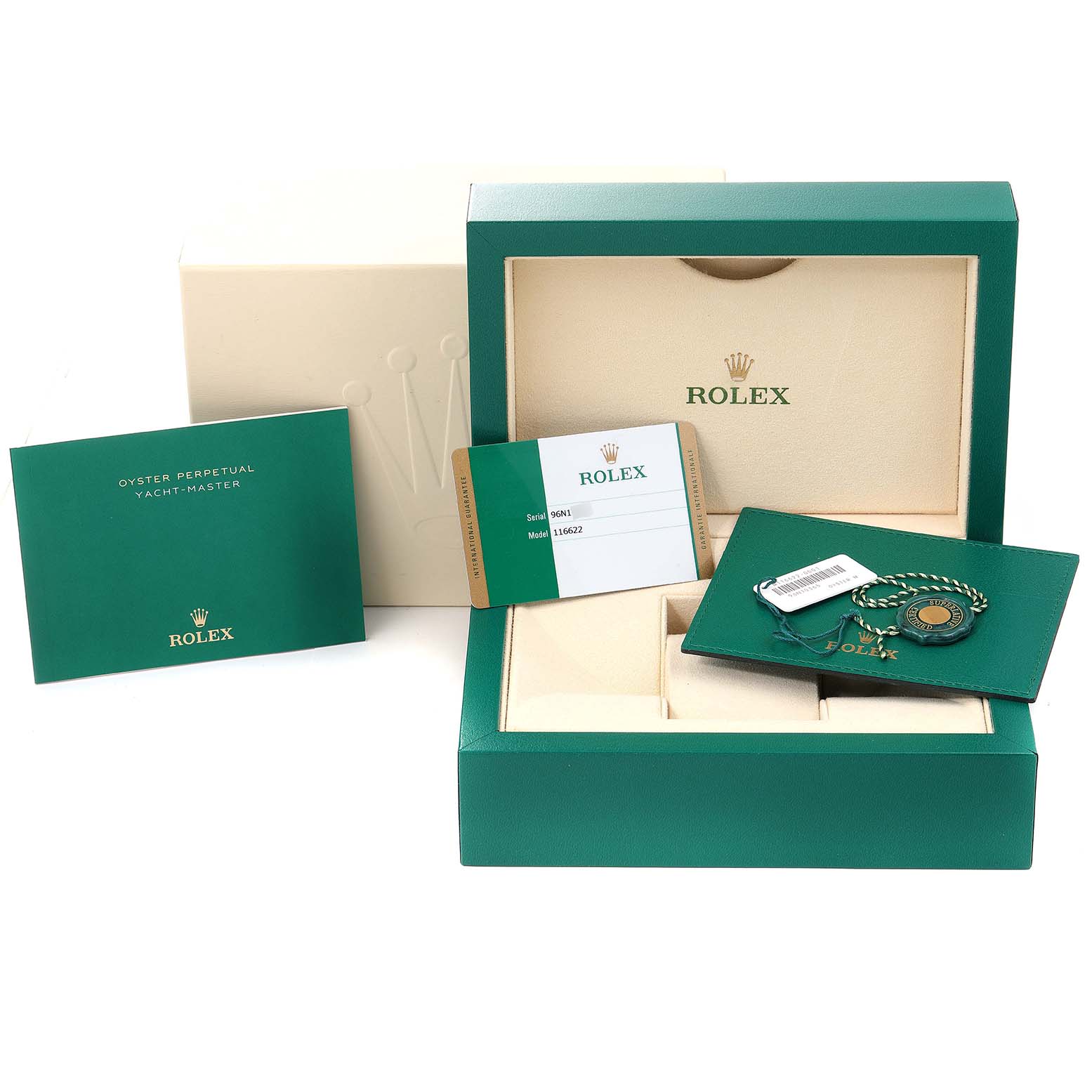 The image shows the packaging, warranty card, booklet, and accessories for the Rolex Yacht-Master 116622 Men's Stainless Steel Blue Dial 116622 Men's Stainless Steel Blue Dial watch.