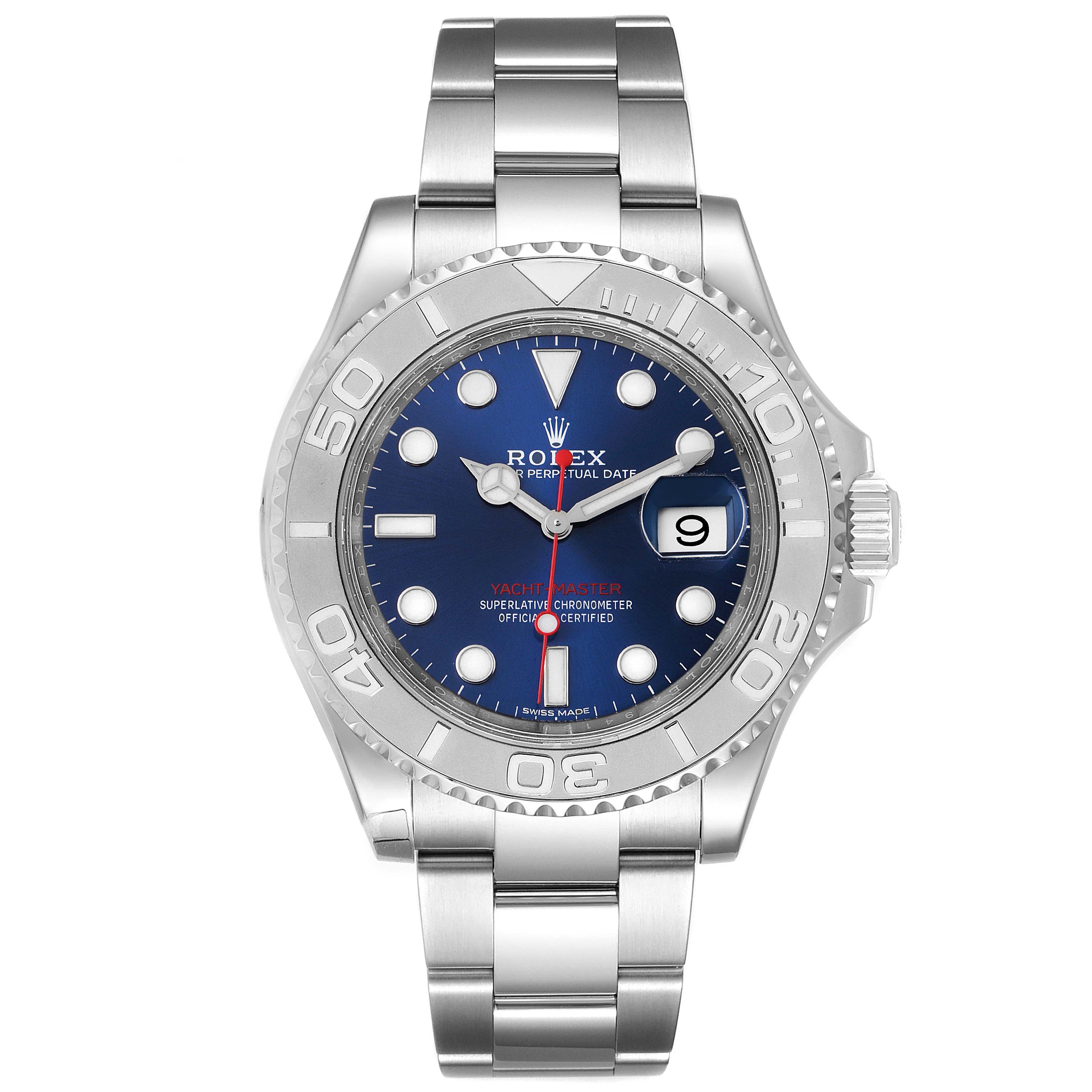 The Rolex Yacht-Master 116622 Men's Stainless Steel Blue Dial 116622 Men's Stainless Steel Blue Dial watch is shown from a front angle, displaying the bracelet, bezel, dial, and date window.