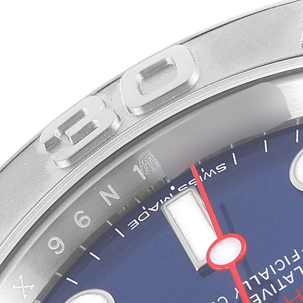 The image shows a close-up of the bezel and dial of a Rolex Yacht-Master 116622 Men's Stainless Steel Blue Dial 116622 Men's Stainless Steel Blue Dial watch, highlighting the 30-minute mark and part of the blue dial.