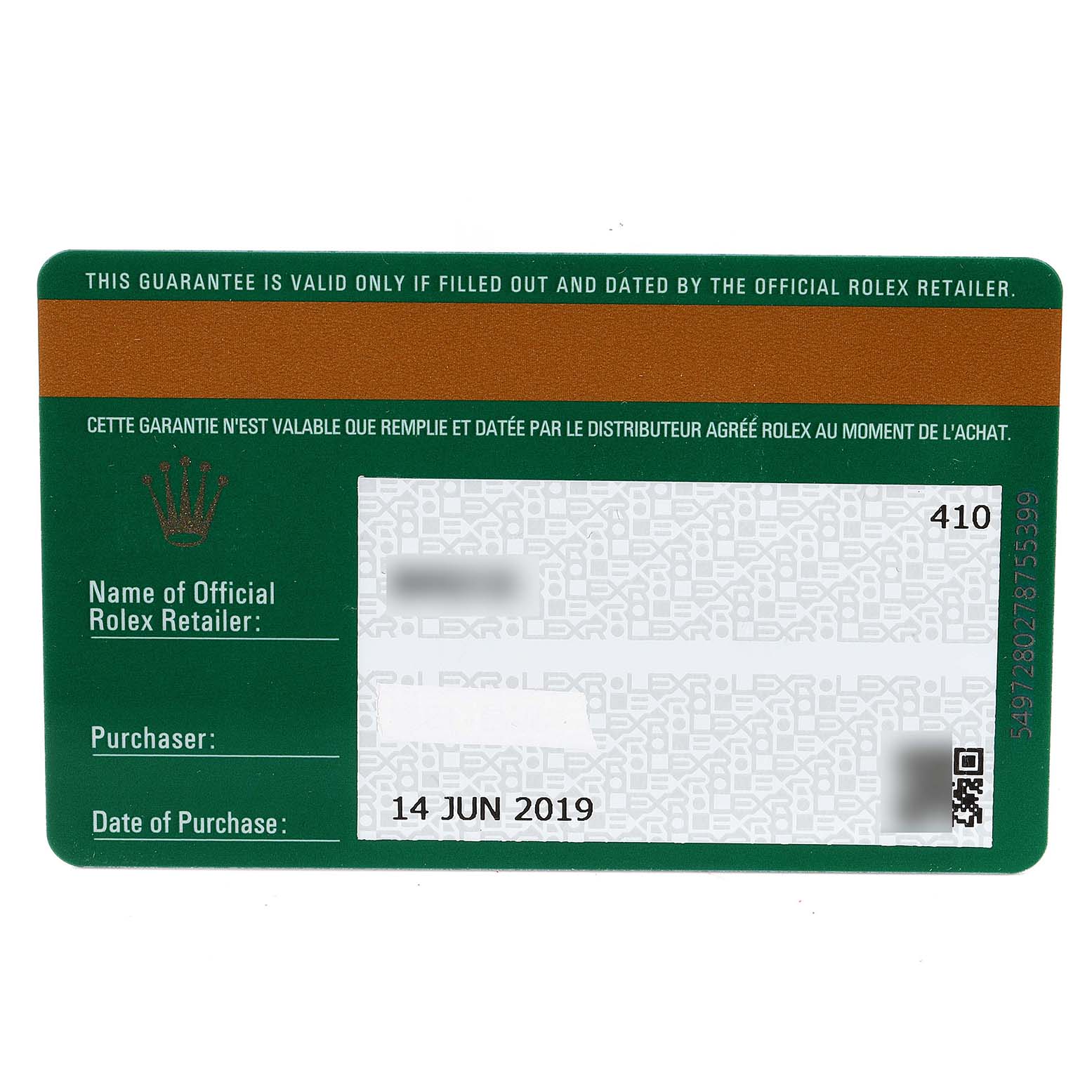 The image shows a guarantee card for a Rolex Yacht-Master 116622 Men's Stainless Steel Blue Dial 116622 Men's Stainless Steel Blue Dial watch, displaying the retailer's information and the date of purchase.