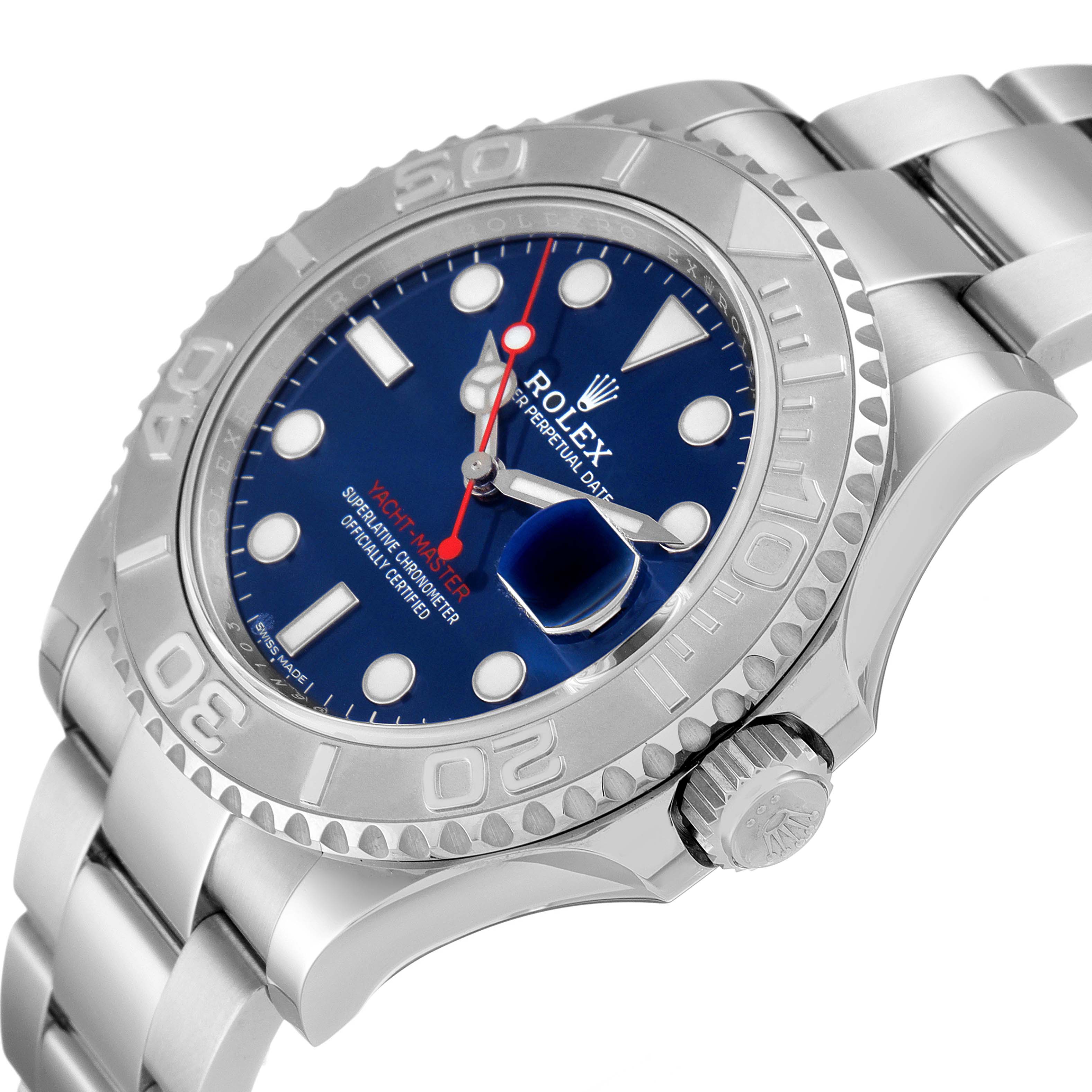 The image shows a Rolex Yacht-Master 116622 Men's Stainless Steel Blue Dial 116622 Men's Stainless Steel Blue Dial watch from an angled view, highlighting the bezel, dial, date magnifier, and part of the bracelet.
