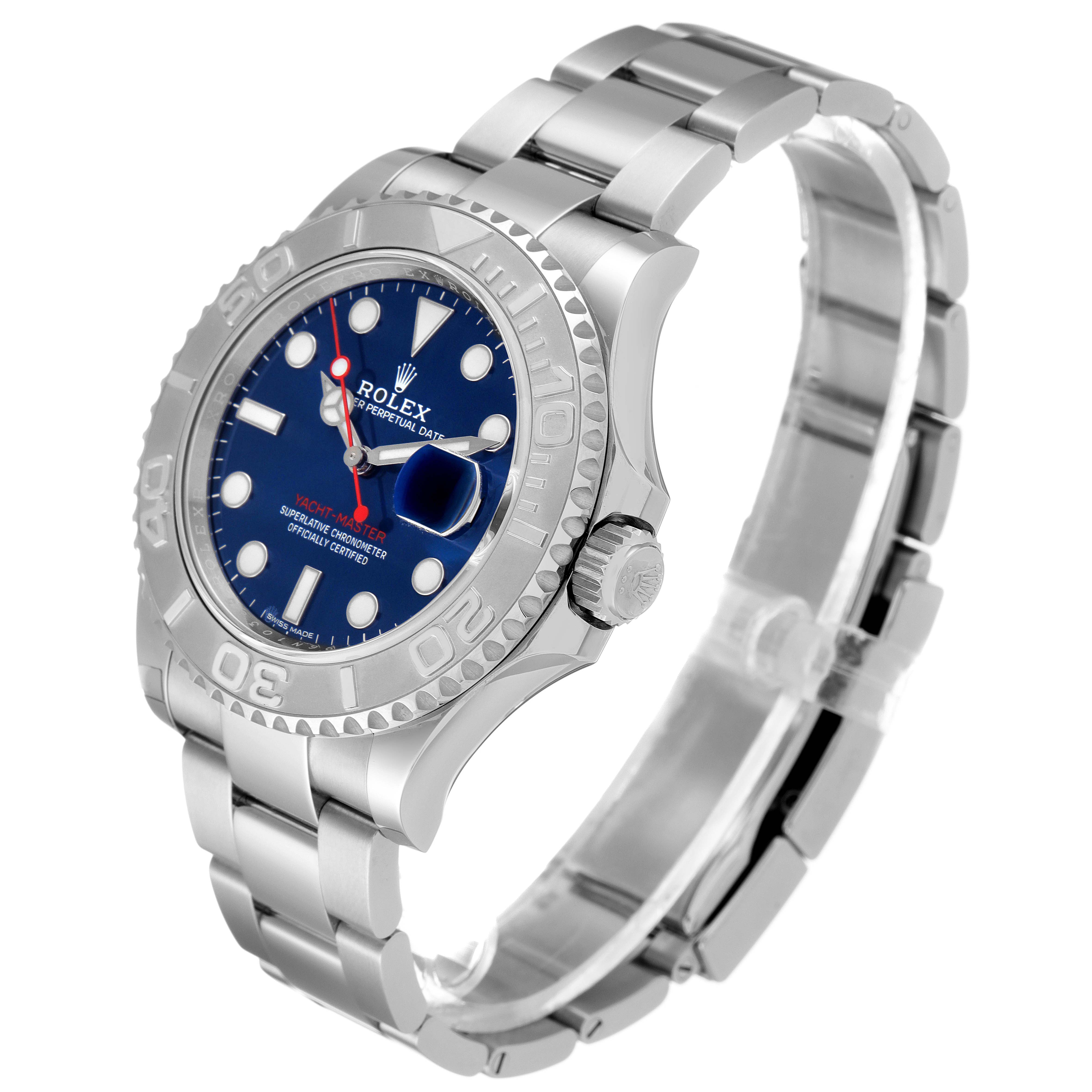 This image shows a Rolex Yacht-Master 116622 Men's Stainless Steel Blue Dial 116622 Men's Stainless Steel Blue Dial watch at an angled side view, highlighting its bezel, crown, and bracelet.
