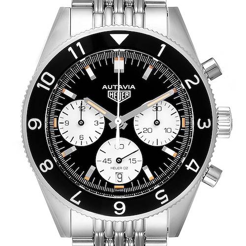 This image shows a frontal view of the Tag Heuer Autavia CBE2110.BA0687 Men's Stainless Steel Black Dial CBE2110.BA0687 Men's Stainless Steel Black Dial watch, highlighting its face, bezel, and stainless steel bracelet.