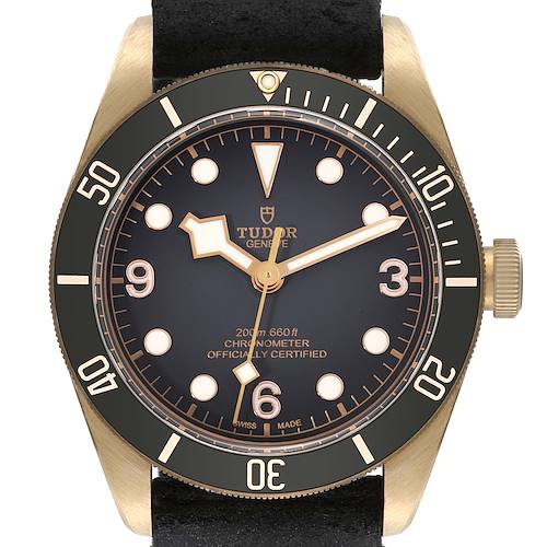 This image shows a frontal view of the Tudor Heritage Black Bay 79250BA Men's Bronze Black Dial 79250BA Men's Bronze Black Dial watch, showcasing its dial, bezel, and crown.