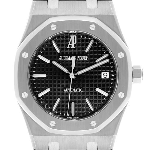 The image shows a front view of the Audemars Piguet Royal Oak 15300ST Men's Stainless Steel Black Dial 15300ST Men's Stainless Steel Black Dial watch, featuring its iconic octagonal bezel and black textured dial.