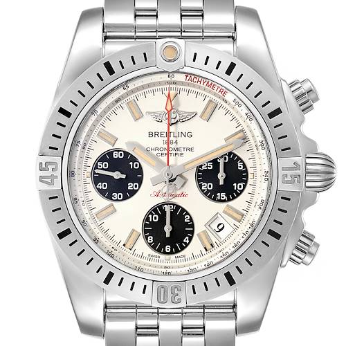 The image shows a front view of the Breitling Chronomat AB0141 Men's Stainless Steel Silver Dial AB0141 Men's Stainless Steel Silver Dial watch, highlighting the dial, subdials, bezel, and part of the metal bracelet.