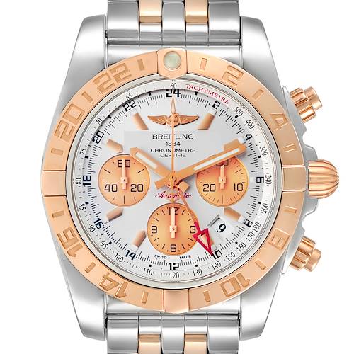 The image shows a front view of the Breitling Chronomat CB0420 Men's Steel and Gold (two tone) Silver Dial CB0420 Men's Steel and Gold (two tone) Silver Dial watch, highlighting the dial, bezel, and bracelet.