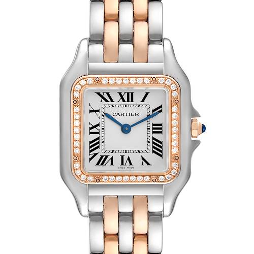 The Cartier Panthere W3PN0007 Women's Steel and Gold (two tone) Silver Dial W3PN0007 Women's Steel and Gold (two tone) Silver Dial watch is shown from the front, highlighting the face, bracelet, and diamond-set bezel.