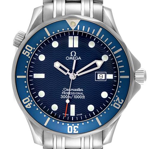 The Omega Seamaster 2541.80.00 Men's Stainless Steel Blue Dial 2541.80.00 Men's Stainless Steel Blue Dial watch is shown from the front, highlighting its dial, bezel, and bracelet.