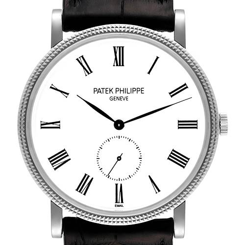 The image shows a front view of the Patek Philippe Calatrava 5116G Men's White Gold White Dial 5116G Men's White Gold White Dial watch, highlighting its dial, hands, and crown.