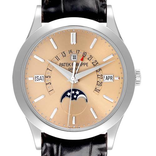 The image shows a frontal view of the Patek Philippe Complications 5496P-014 Men's Platinum Brown Dial 5496P-014 Men's Platinum Brown Dial watch, displaying its dial, moon phase, and calendar functions.