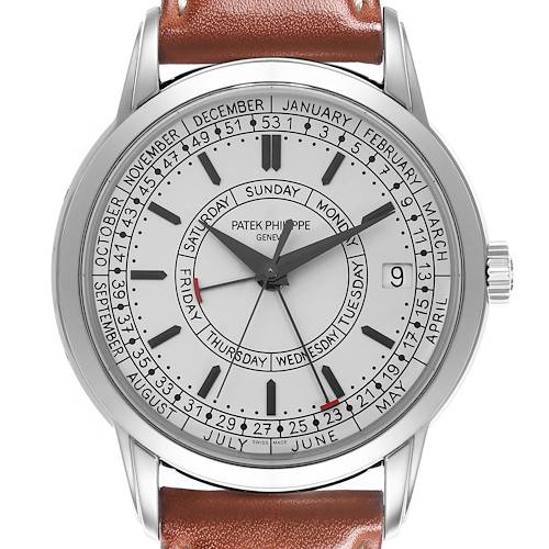 The Patek Philippe Complications 5212A-001 Men's Stainless Steel Silver Dial 5212A-001 Men's Stainless Steel Silver Dial watch is shown from a front angle, highlighting the dial, leather strap, and the crown on the side.