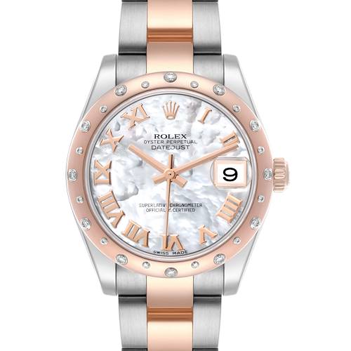 The Rolex Mid-Size 178341 Women's Steel and Gold (two tone) Mother of Pearl Dial 178341 Women's Steel and Gold (two tone) Mother of Pearl Dial Datejust is shown from the front, displaying the dial, bezel, and bracelet.